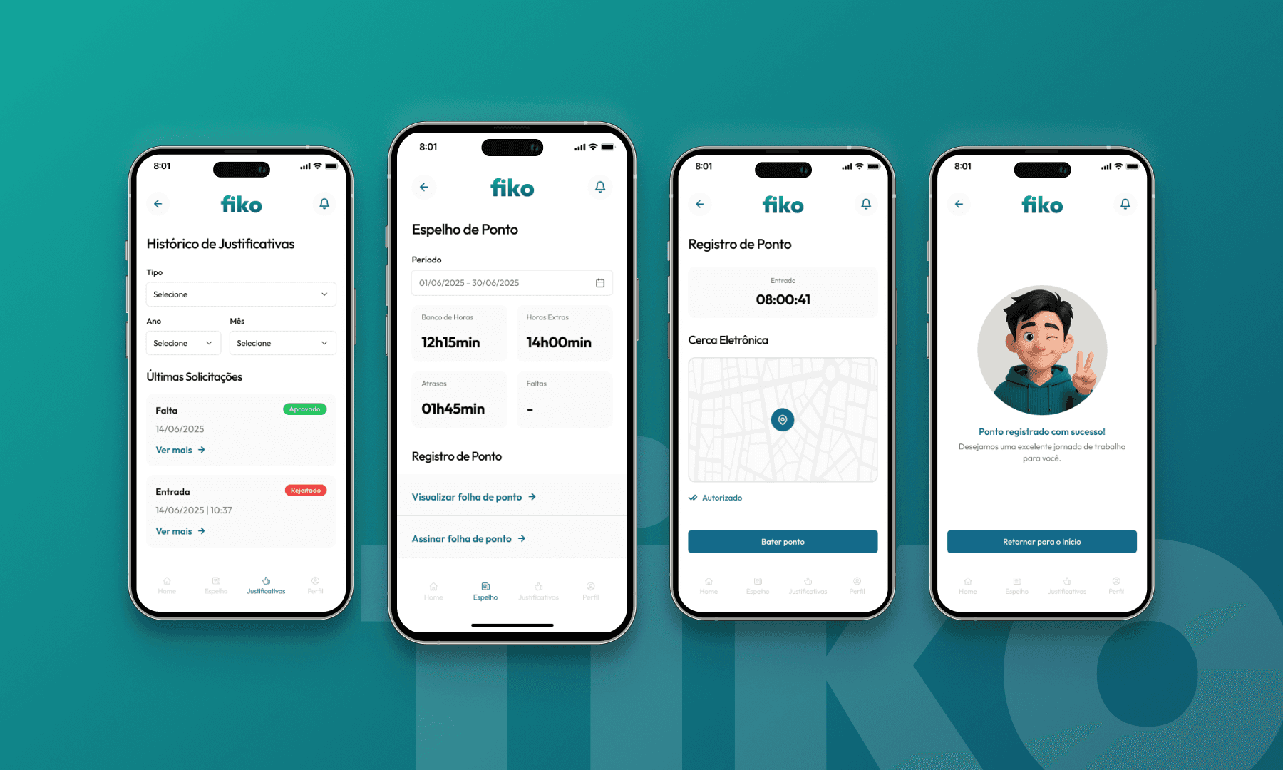 Telas do aplicativo Fiko para colaboradores
